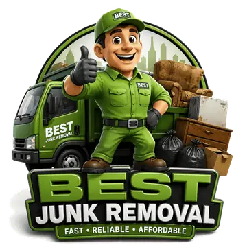 Best Junk Removal mascot with truck and cleared furniture